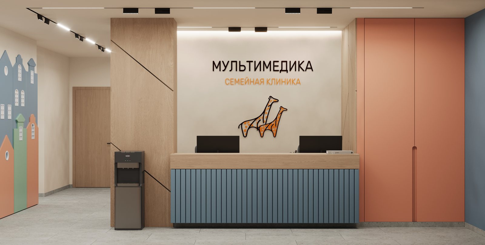 Ресепшн второго этажа: рифлёная стойка, персиковый шкаф во всю стену, стена с домиками у входа
